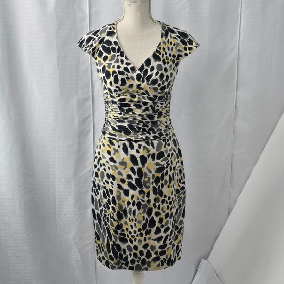 Kay Unger Womens 4 Silk Abstract Animal Print Yellow Gray Black Faux Wrap Dress - Picture 1 of 16